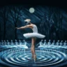Imagem artística inspirada no balé O Lago dos Cisnes, com bailarina representando Odette em cenário noturno, usada como ilustração simbólica da associação cultural da obra.